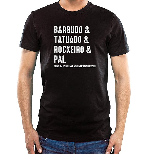 Camiseta Barbudo & Tatuado & Rockeiro & Pai tamanho adulto com mangas curtas na cor preta premium