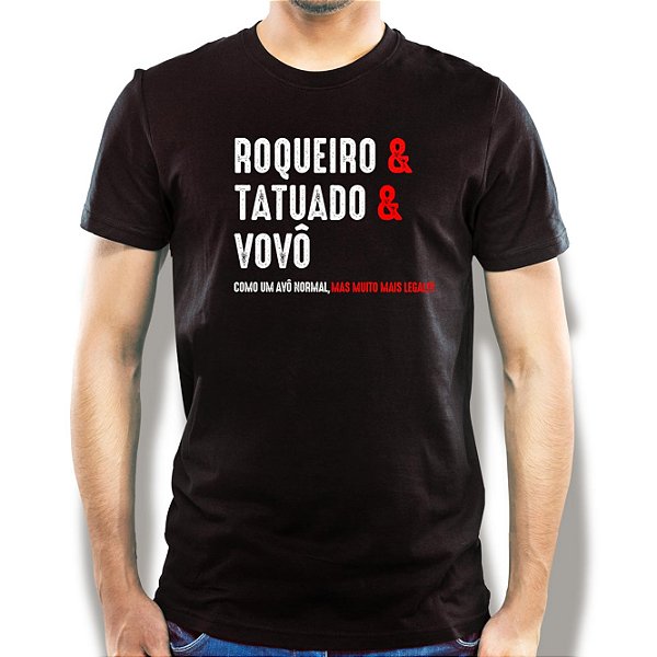 Camiseta Vovô Roqueiro & Tatuado tamanho adulto com mangas curtas na cor Preta Premium
