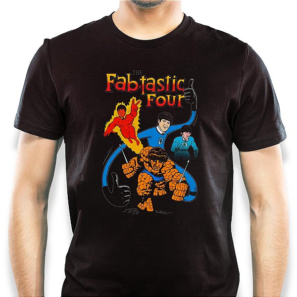 Camiseta Beatles Fab-tastic Four tamanho adulto com mangas curtas na cor Preta Premium