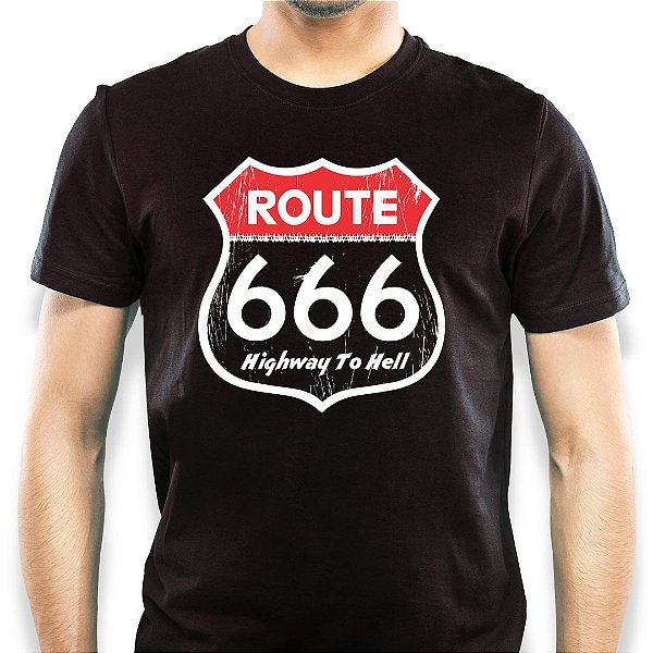 Camiseta Route 666 Highway to Hell tamanho adulto com mangas curtas na cor Preta Premium