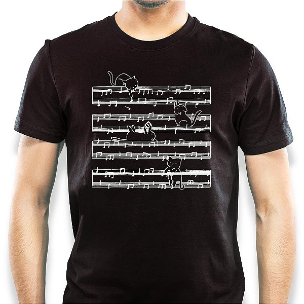 Camiseta Cats and Notes para adulto com mangas curtas na cor Preta