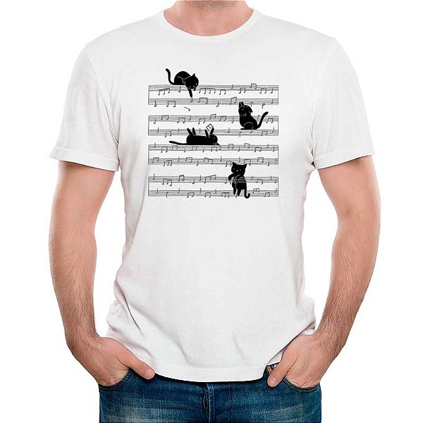 Camiseta Cats and Notes para adulto com mangas curtas na cor Branca