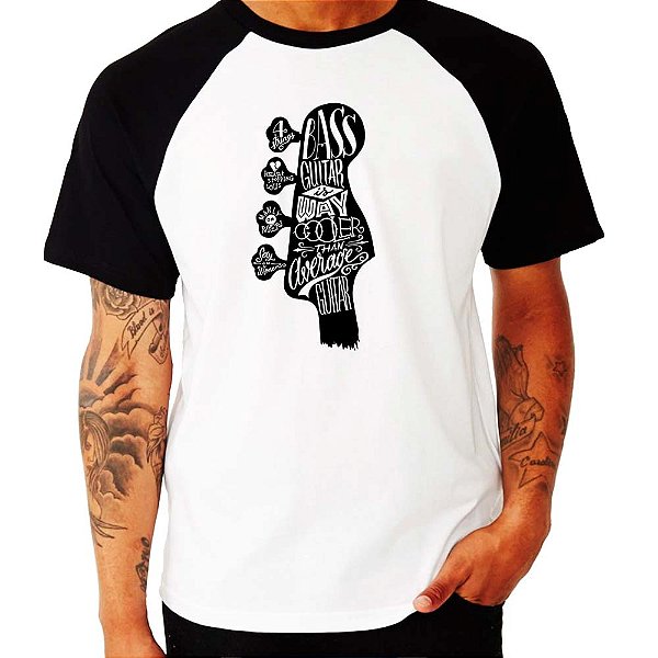 Camiseta Bass Headstock Raglan tamanho adulto na cor branco com mangas pretas