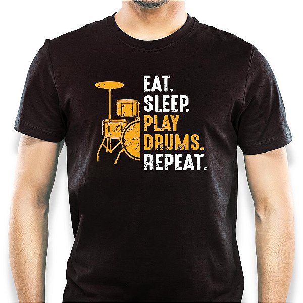Camiseta Eat Sleep Play Drums Repeat para adulto com mangas curtas na cor Preta