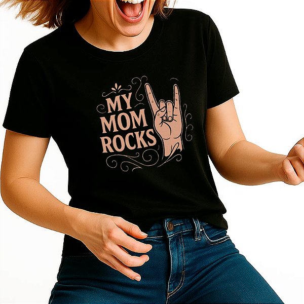 Camiseta My Mom Rocks para adulto com mangas curtas na cor Preta