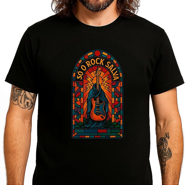 Camiseta Só o rock salva tamanho adulto com mangas curtas na cor preta