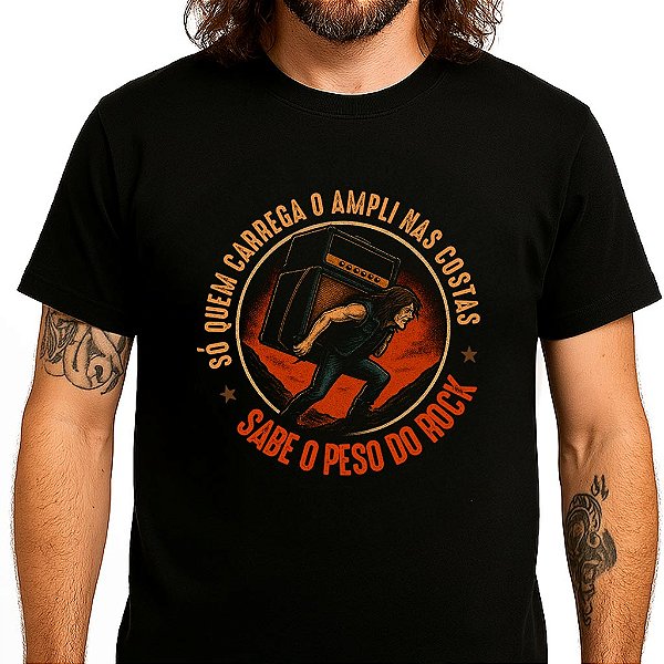 Camiseta Só que carrega o ampli nas costas sabe o peso do rock tamanho adulto com mangas curtas na cor preta