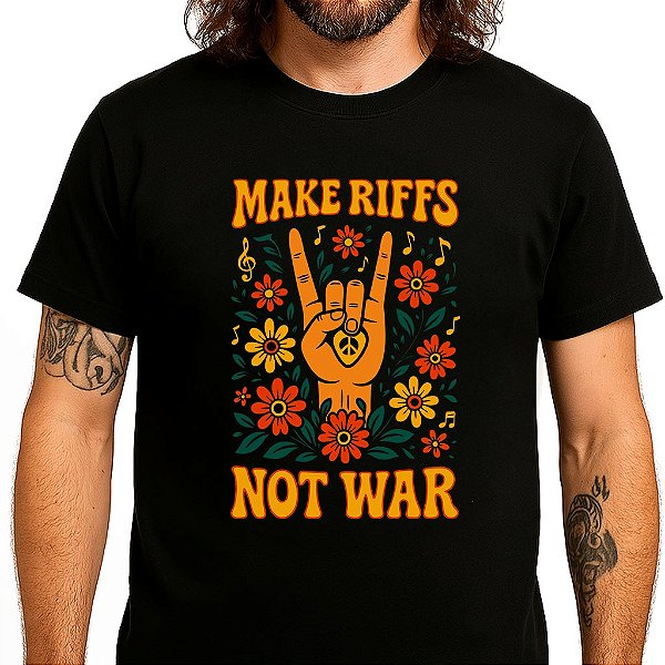 Camiseta Make Riffs Not War tamanho adulto com mangas curtas na cor preta
