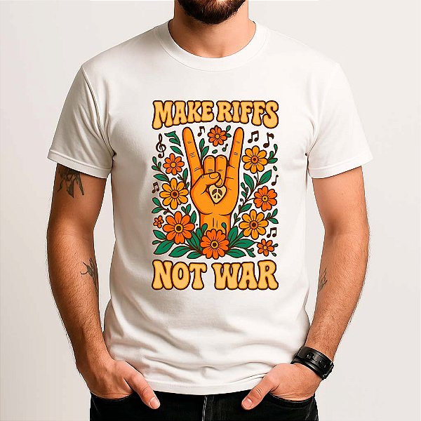 Camiseta Make Riffs Not War tamanho adulto com mangas curtas na cor branca