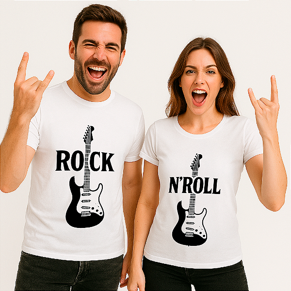 Kit 2 Camisetas Premium brancas com a plavra Rock Masculina e N Roll Feminina nas Guitarras