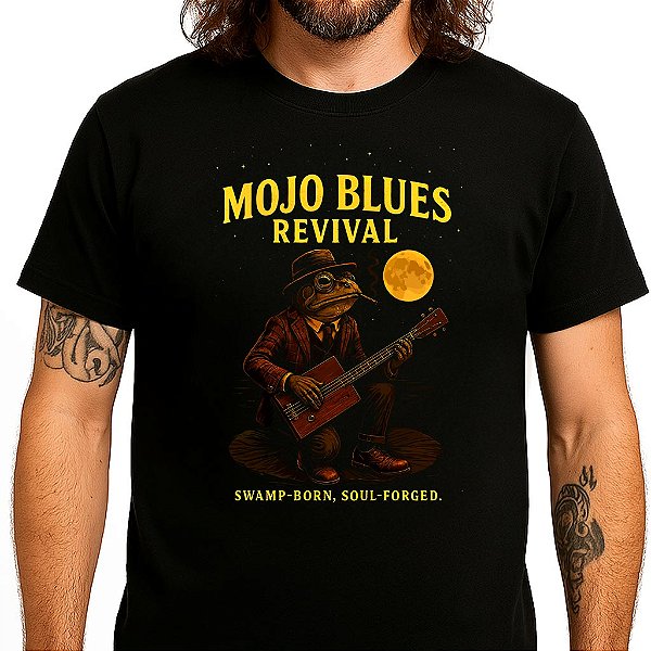 Camiseta Mojo Blues Fesival tamanho adulto com mangas curtas na cor preta