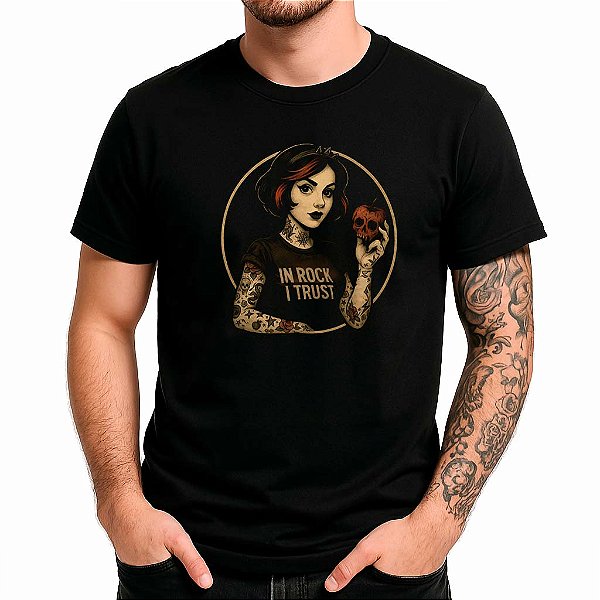 Camiseta Branca de Neve In rock i trust tamanho adulto com mangas curtas na cor preta