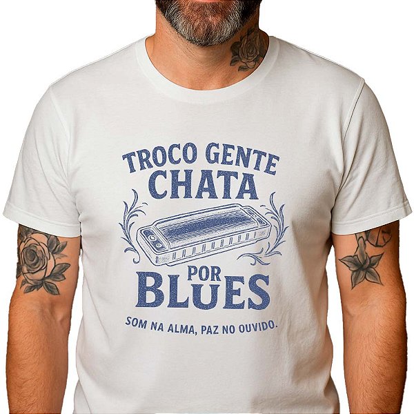 Camiseta Troco gente chata por Blues tamanho adulto com mangas curtas na corbranca