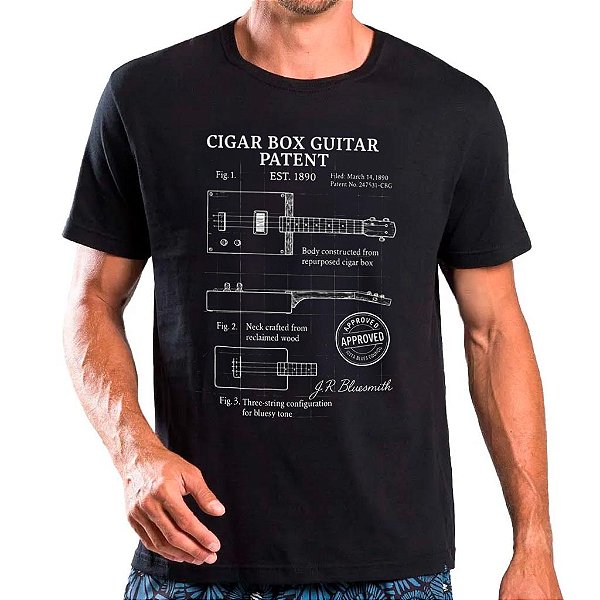 Camiseta Cigar Box Patente tamanho adulto com mangas curtas na cor preta