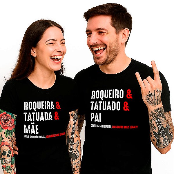 Kit 2 Camisetas Premium pretas feminina e masculina Mamãe tatuada e papai tatuado