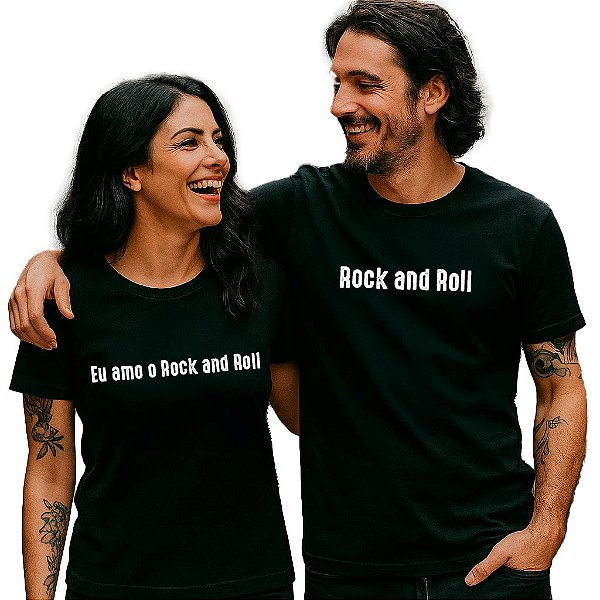 Kit 2 Camisetas Premium pretas feminina e masculina Eu Amo o Rock and Roll