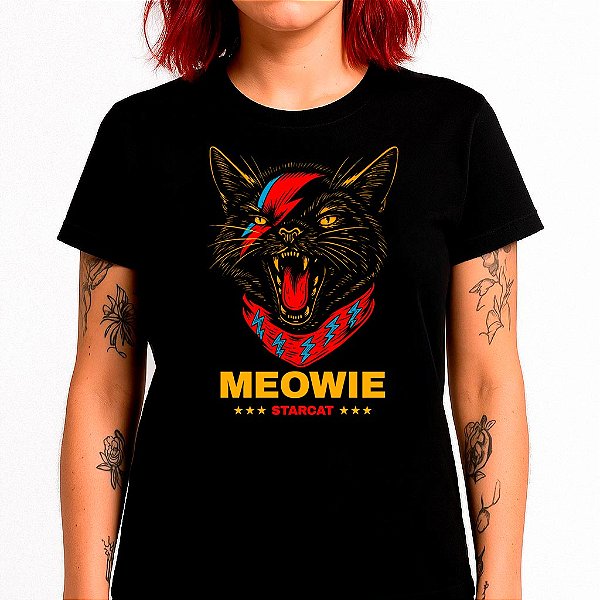 Camiseta premium Meowie Starcat tamanho adulto com mangas curtas na cor preta