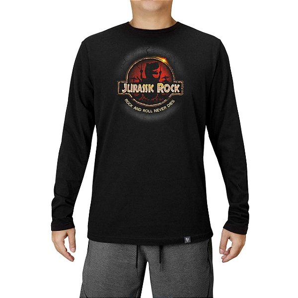 Camiseta Jurassic Rock tamanho adulto com mangas longas na cor preta masculina