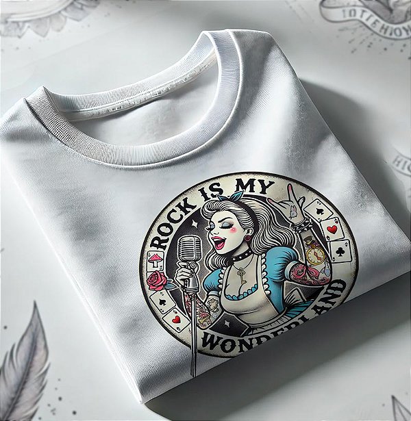 Camiseta Alice in rock is my wonderland na cor branca tamanho adulto Premium