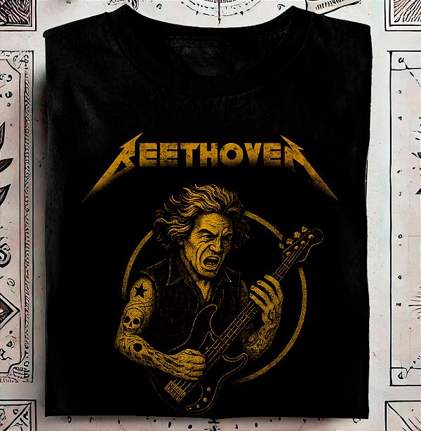 Camiseta Mozart Guitarrista tamanho adulto na cor preta