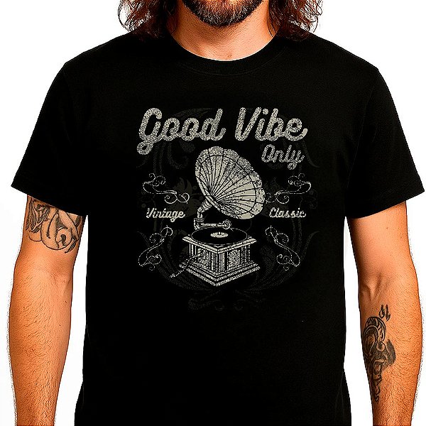 camiseta Good Vibes com mangas curtas na cor preta premium