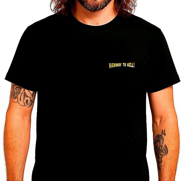 Camiseta Highway to Hell para adulto com mangas curtas na cor Preta com Impressão frente e costas premium