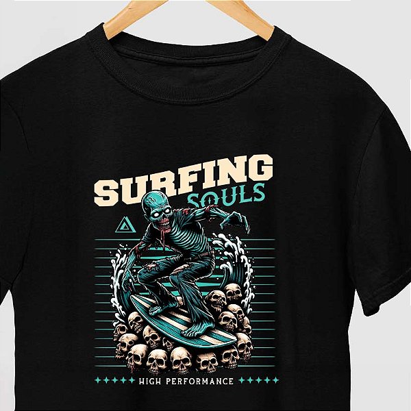 Camiseta Surfing Souls com mangas curtas na cor preta premium