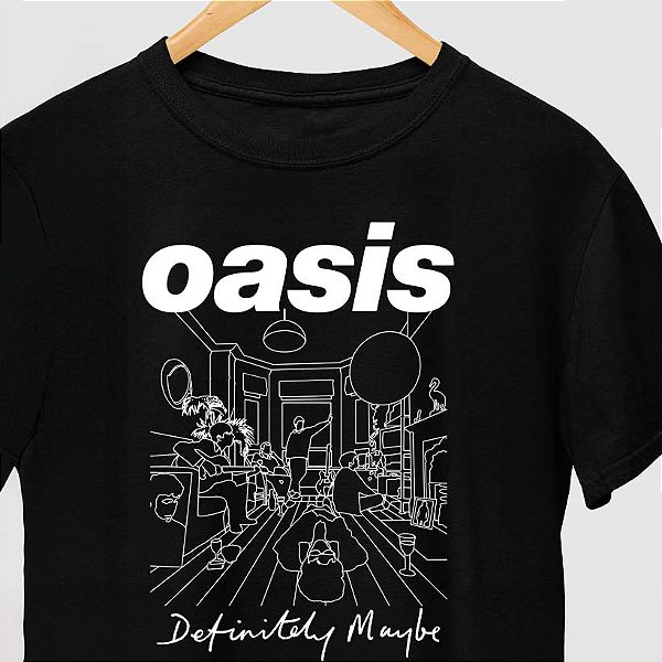 Camiseta Oasis Definitely Maybe tamanho adulto na cor preta com mangas curtas premium