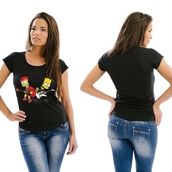 Oferta Relâmpago - Camiseta feminina tamanho G Bart Simpsons Duelo de Guitarras na cor preta Premium
