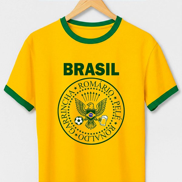 Camiseta Brasil Punk Rock com gola e punhos verdes com mangas curtas premium