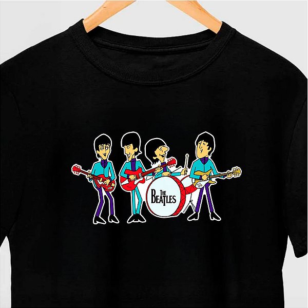 Camiseta Beatles Cartoon Banda tamanho adulto com mangas curtas na cor Preta Premium
