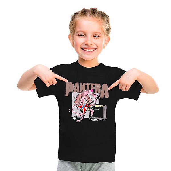 Camiseta Pantera Cor de Rosa Unissex Infantil Preta