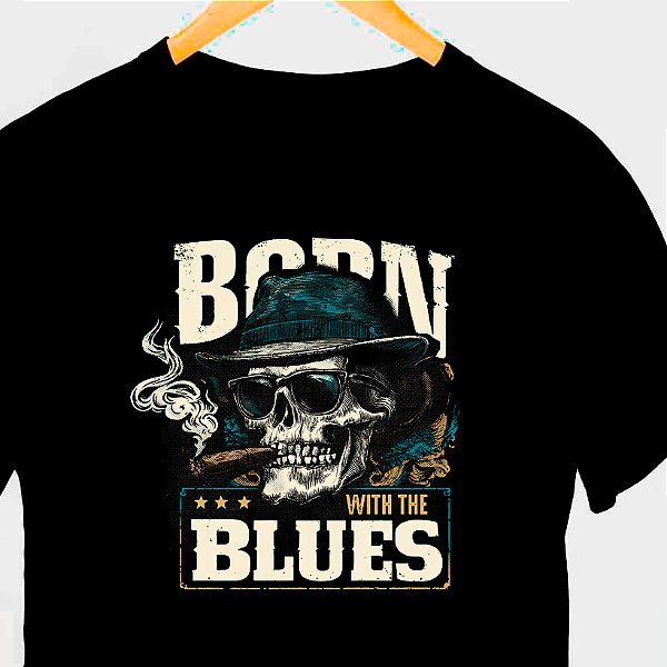 Camiseta Born With the Blues tamanho adulto com mangas curtas na cor Preta Premium