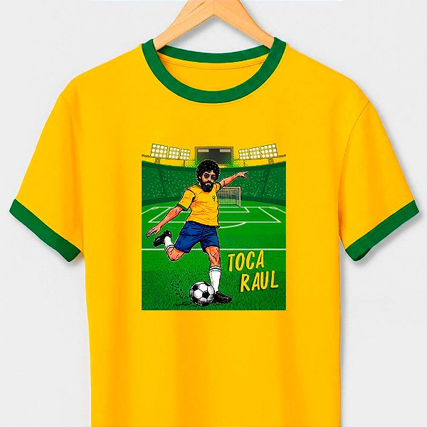 Camiseta Toca Raul Brasil com gola e punhos verdes com mangas curtas premium