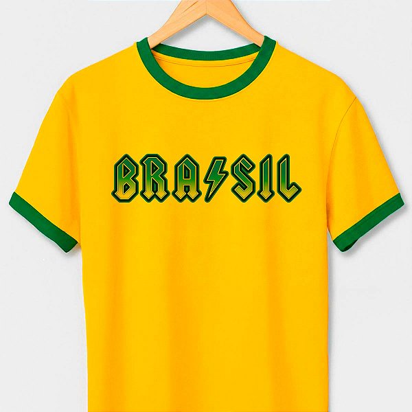 Camiseta Brasil Rock com gola e punhos verdes com mangas curtas premium