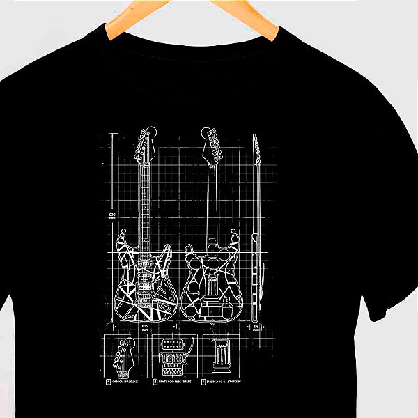 Camiseta Guitarra Frankenstrat Patente tamanho adulto com mangas curtas na cor Preta Premium