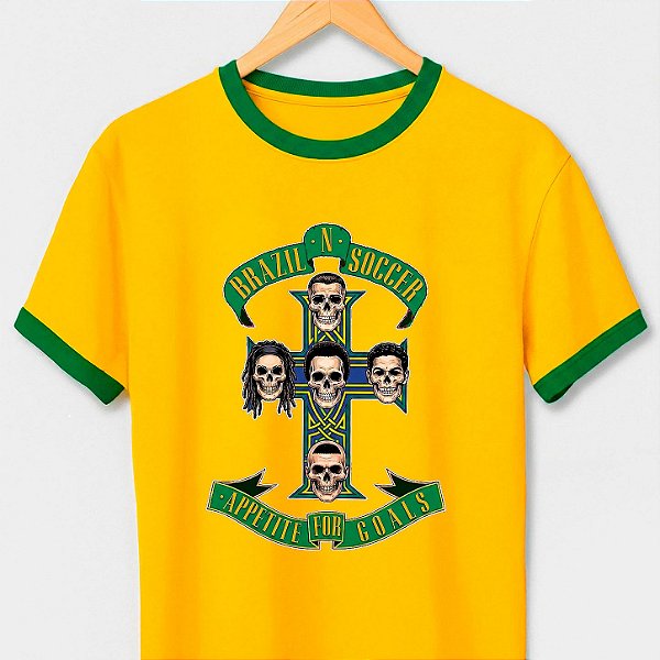 Camiseta Brasil Appetite for Goals com gola e punhos verdes com mangas curtas premium