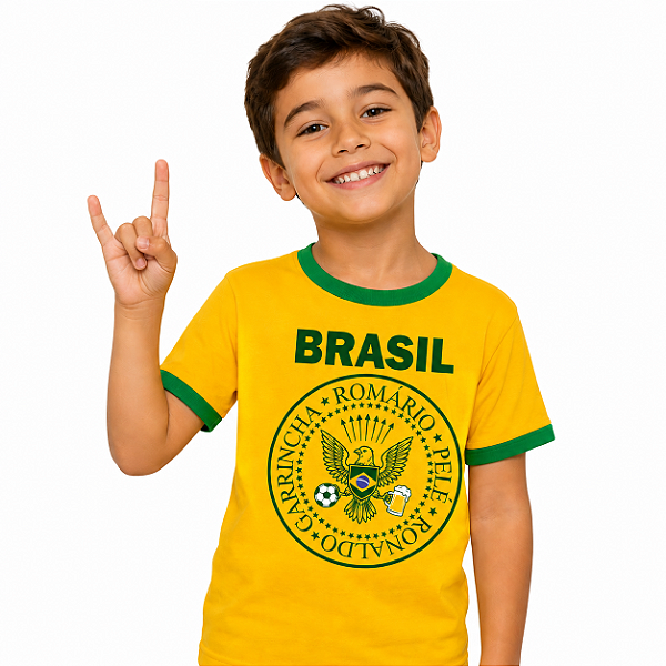 Camiseta Brasil Punk Rock Unissex Infantil Amarela com gola e punhos verdes
