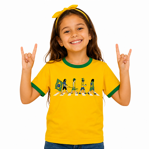 Camiseta Brasil Road Unissex Infantil Amarela com gola e punhos verdes