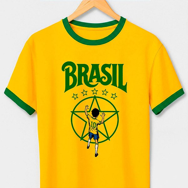 Camiseta Brasil Rush Estrela pro Hexa com gola e punhos verdes com mangas curtas premium
