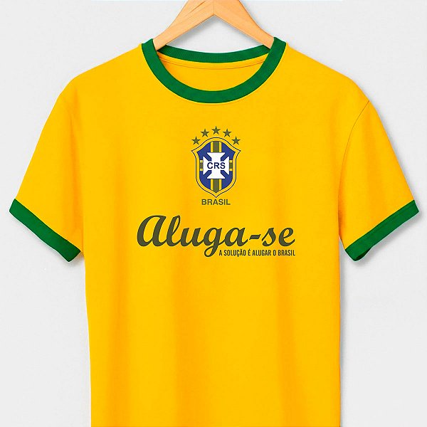Camiseta Brasil Rush Aluga-se com amarela gola e punhos verdes