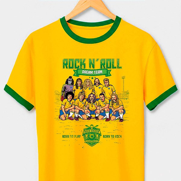 Camiseta Brasil Dream Team com amarela gola e punhos verdes