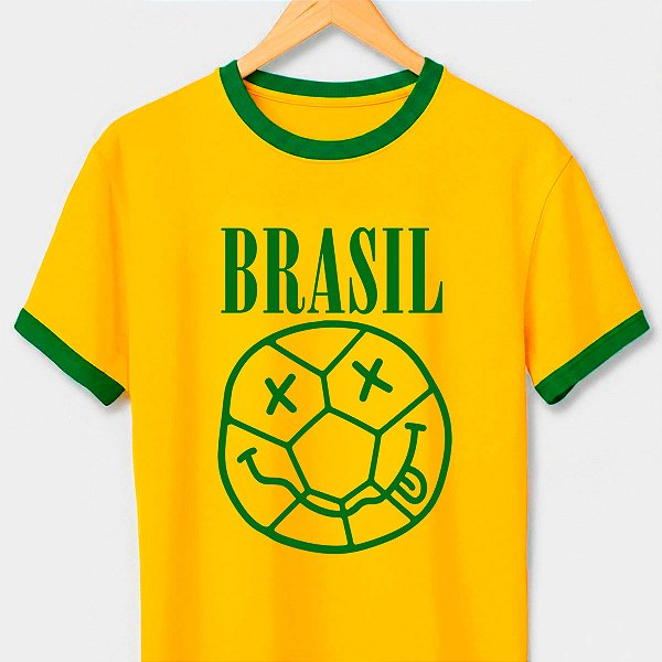 Camiseta Brasil Smile Nirvana amarela com gola e punhos verdes premium
