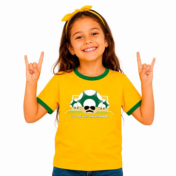 Camiseta Brasil We are the Champignons amarela com gola e punhos Infantil