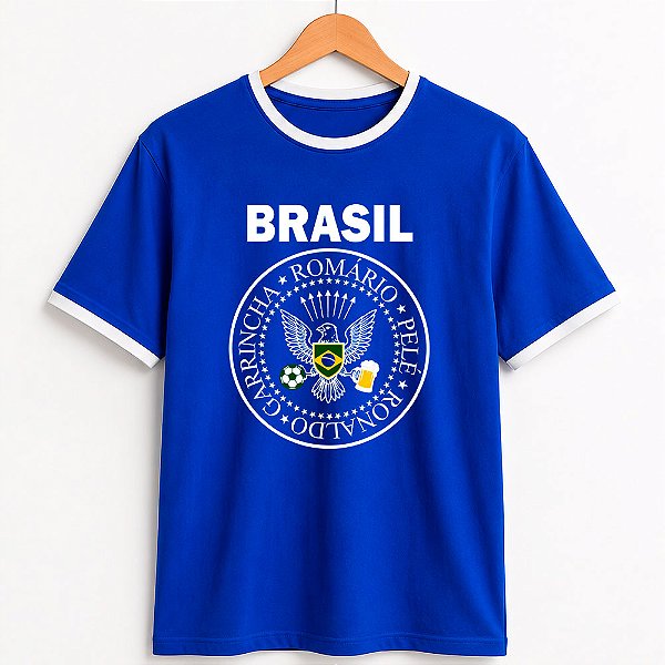 Camiseta Brasil Punk Rock azul com gola e punhos brancos com mangas curtas premium