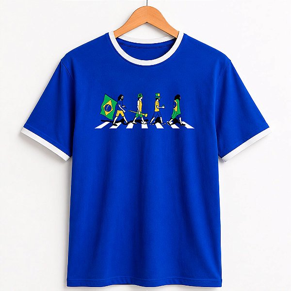 Camiseta Brasil Road azul com gola e punhos brancos com mangas curtas premium