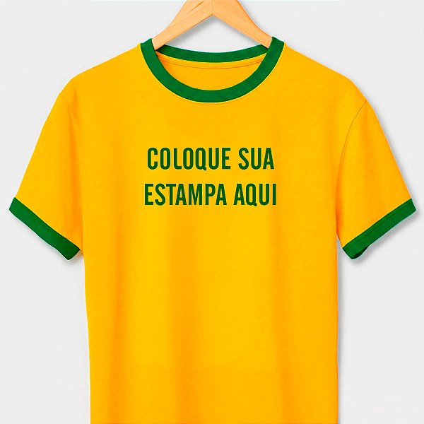 Camiseta Brasil Personalizada com Imagem e número nas costas para adulto com mangas curtas na cor Amarela com punhos verdes premium