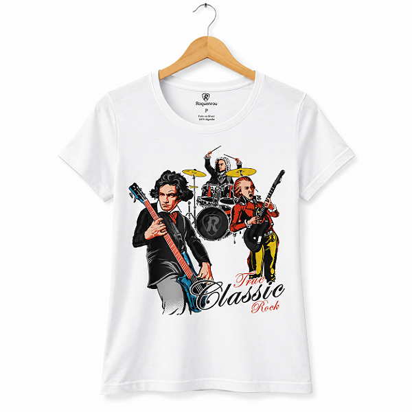 Camiseta Premium Roquenrou feminina branca de mangas curtas True Classic Rock