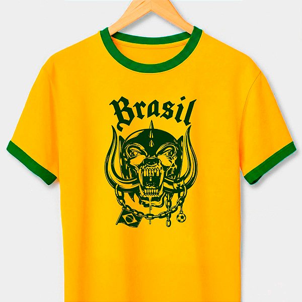 Camiseta Brasil Motor amarela com gola e punhos verdes premium