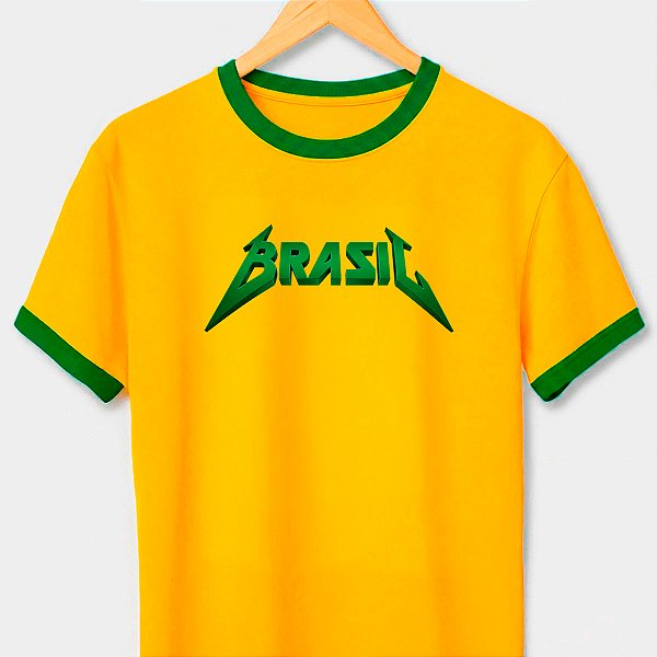Camiseta Brasil Metal amarela com gola e punhos verdes premium